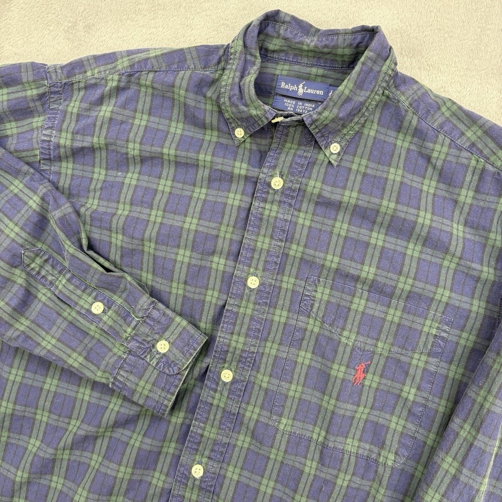 Ralph Lauren Shirt Mens Large Green Black Watch Tartan Plaid Button Down Oxford